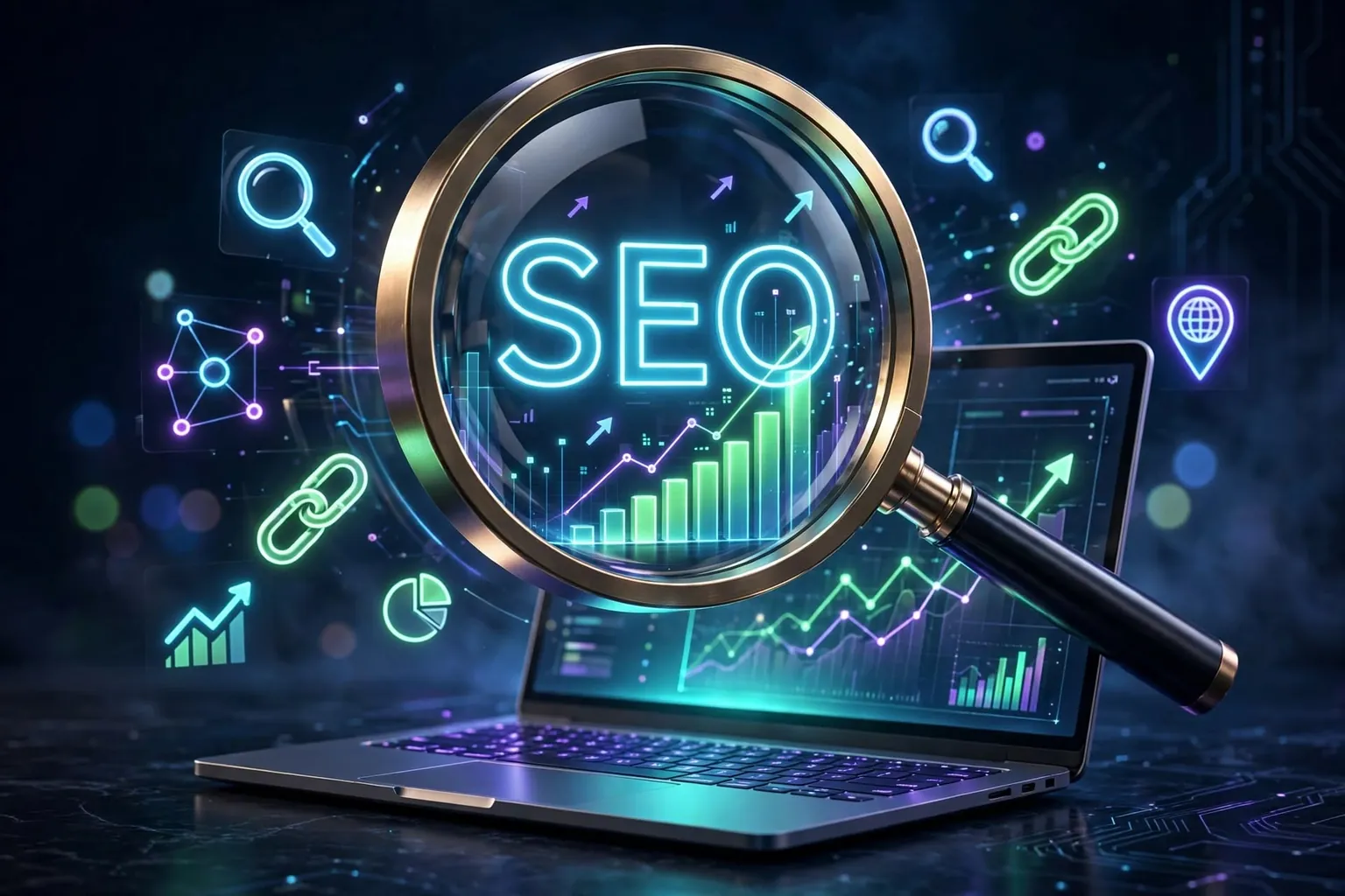 عدسة مكبّرة ضوئية فوق حاسوب محمول يعرض رسوماً بيانية صاعدة — خدمة تحسين محرّكات البحث SEO من AiJoLabs