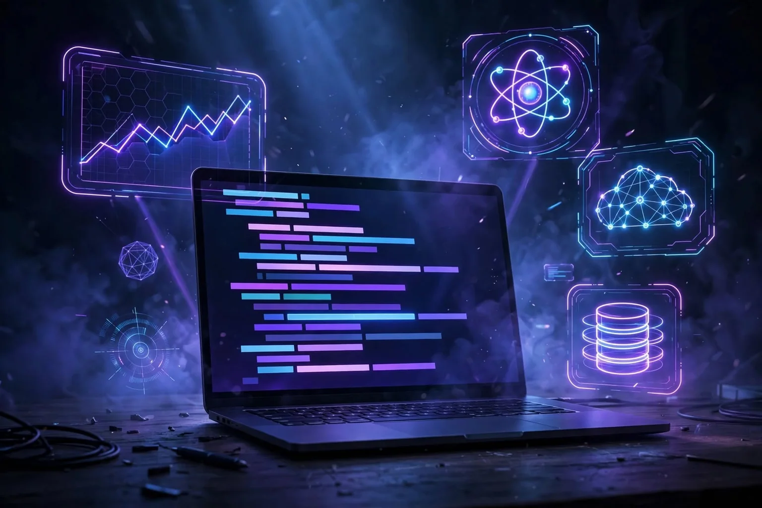 حاسوب محمول تحيط به لوحات ضوئية لتحليلات وسحابة وقاعدة بيانات — برمجة تطبيقات الويب من AiJoLabs